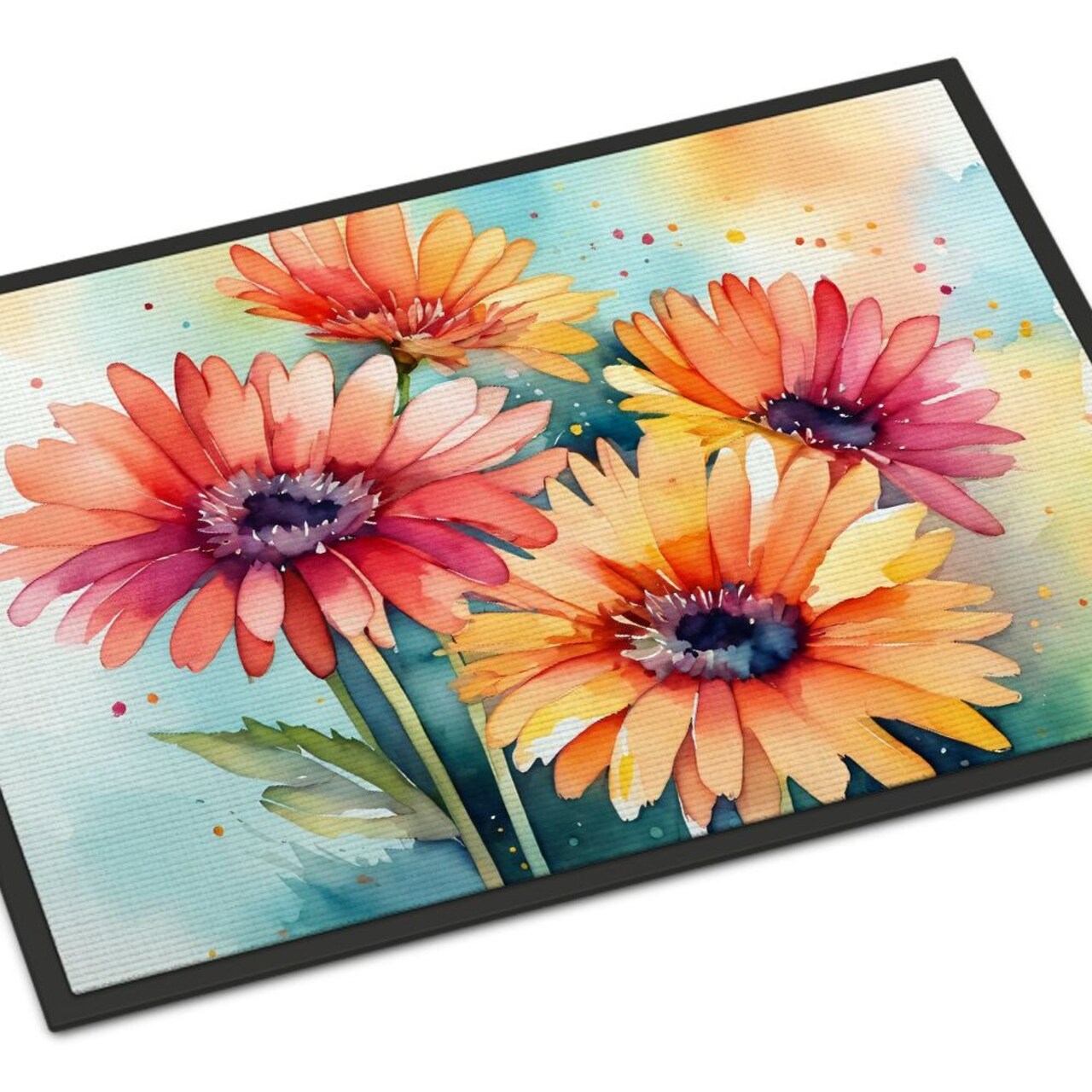 Edge Collections - 24" x 36" - Multicolor - Gerbera Daisies Watercolor Doormat Non Slip Washing Rug - 1 Piece